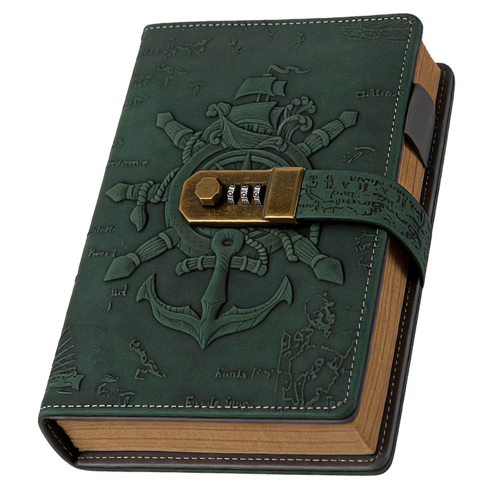 Set Agenda/Stilou Retro, BYONDSELF®, Agenda cu Relief Nautic, Potrivita Pentru Femei si Barbati, Format A5, cu Incuietoare, Pentru Serviciu, Birou sau Scoala, Caiet Legat in Piele de Calitate, Cadou pentru Jurnal, Verde