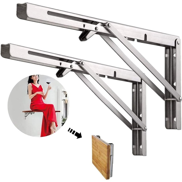 Suporturi pentru rafturi pliabile, Enforose, din inox, capacitate maxima 225kg, design triunghiular, set de 2 bucati