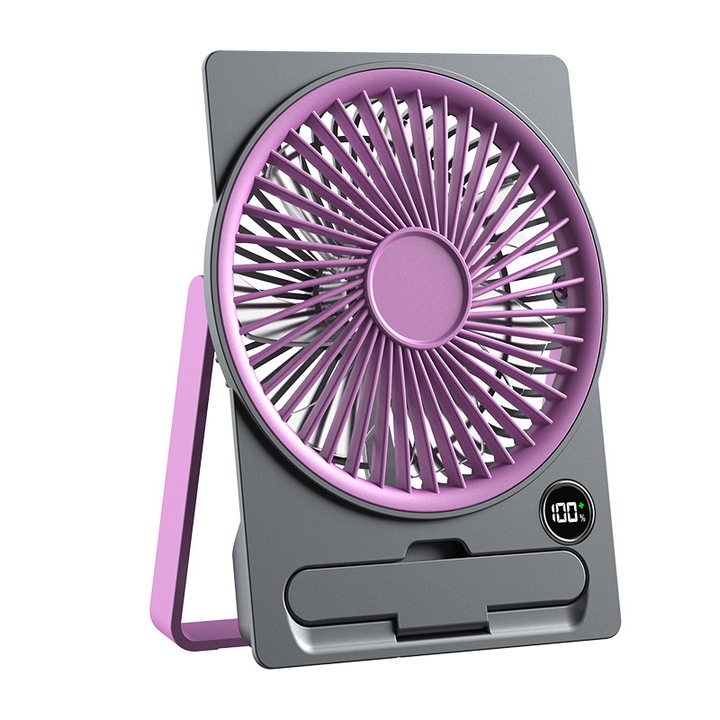 Hordozható asztali ventilátor, TREXORA, 5 sebességfokozat, lila, 14x4,2x18,9 cm, telefontartóval, újratölthető