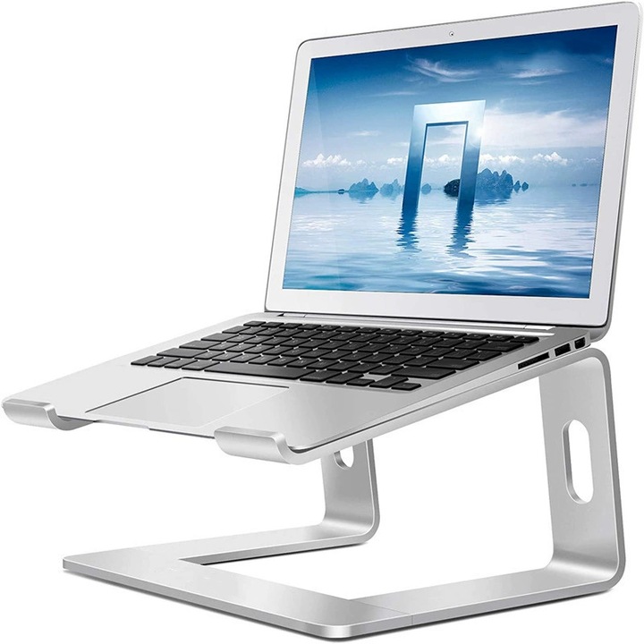 Suport laptop ergonomic, portabil, din aluminiu, 10-15.6 inch, culoare argintie inchisa