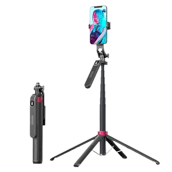 Trepied telescopic 180cm, functie selfie stick, ajustabil, negru, set complet