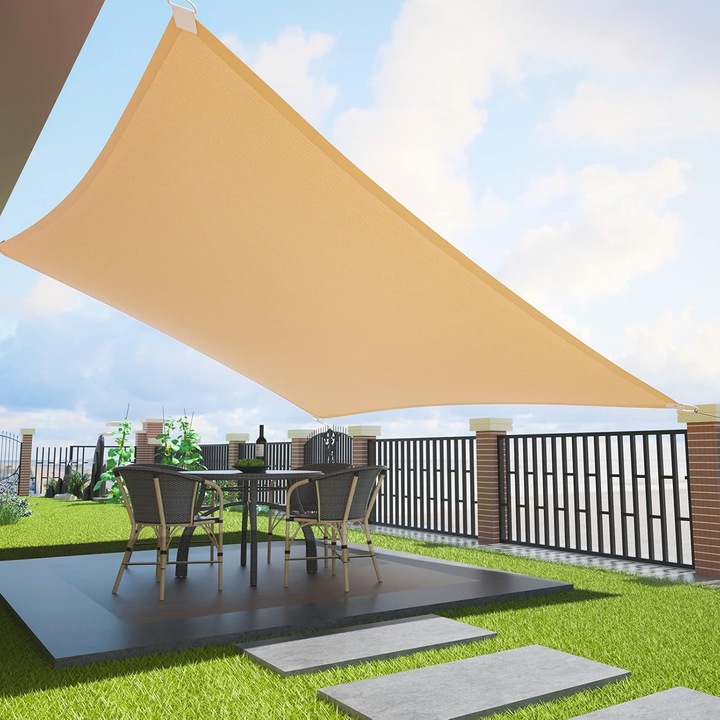 Vela de umbrire rectangulara 3x3m, 95% protectie UV, pentru gradini, terase, culoare nisip, set complet