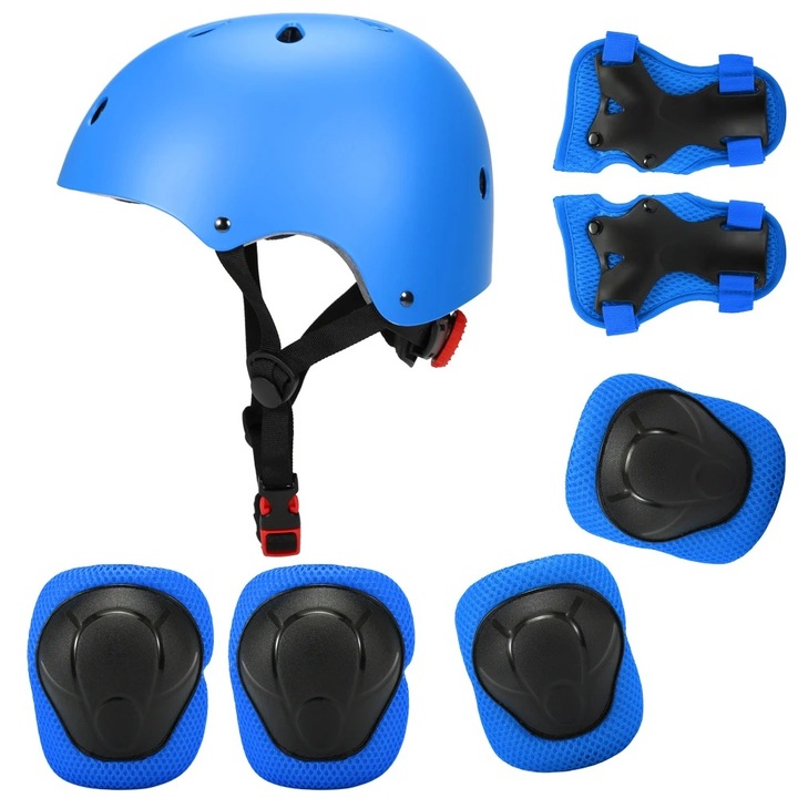 Set echipament de protectie 7 in 1 pentru copii, caciula, genunchiere, cotere si manusi, roz/bleu/negru/rosu/verde, circumferinta cap 50-54cm