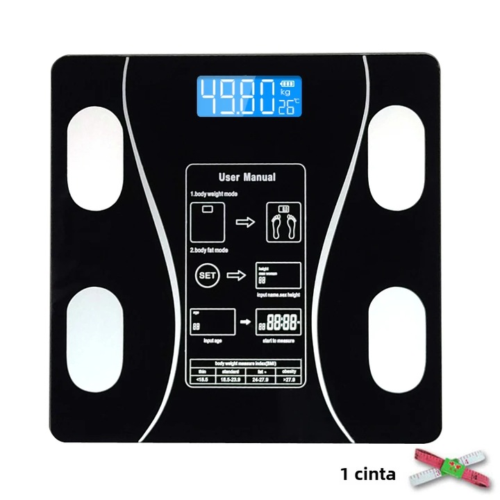 Cantar de grasime corporala, analizador de compozitie corporala, wireless, aplicatie pentru telefon, negru