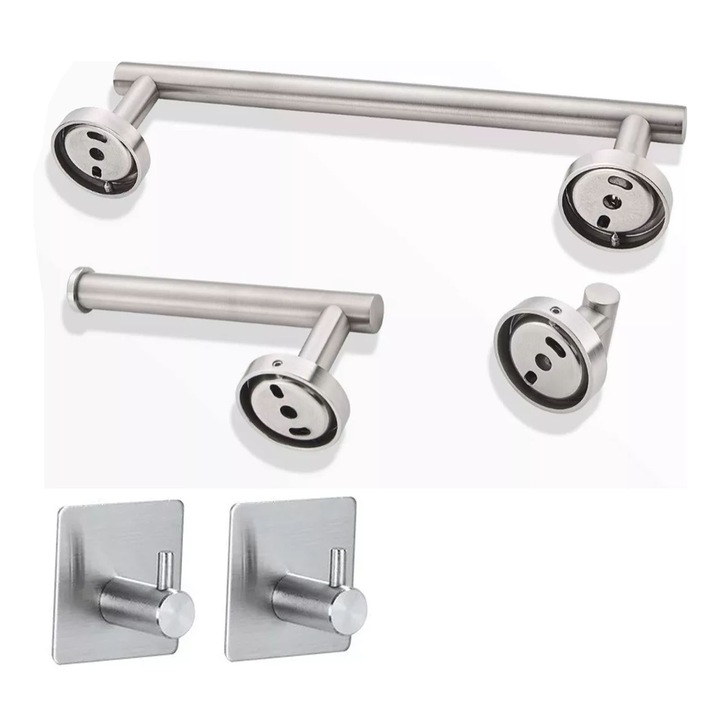 Set accesorii baie din inox 304, suport prosoape, suport hartie, carlige, argintiu