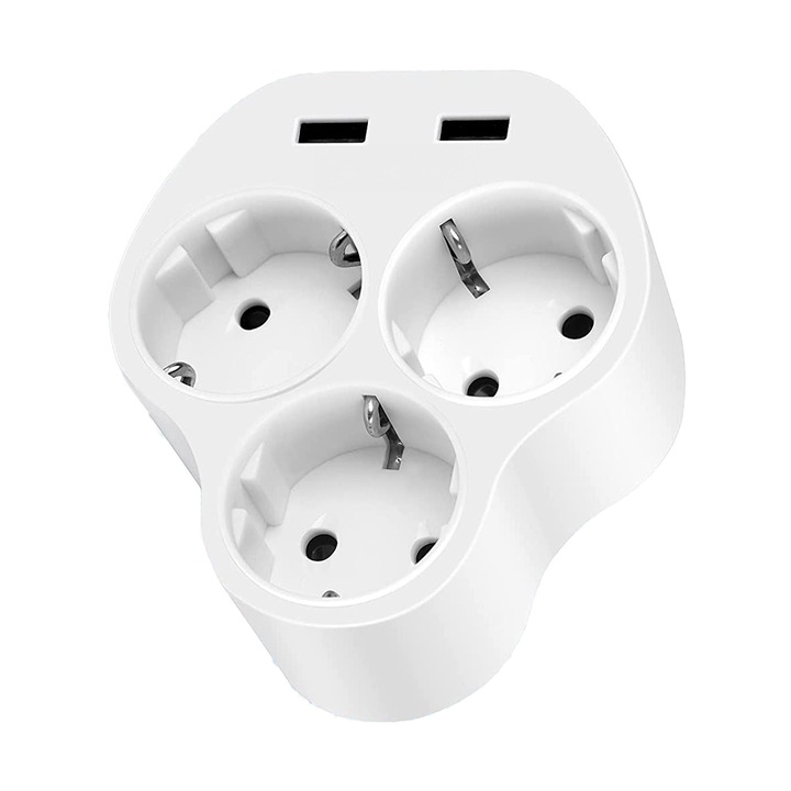 Разклонител с 5 USB порта, 4000W, 3 AC контакта и 2 USB, триъгълен дизайн, компактен, за дома, офиса, пътувания