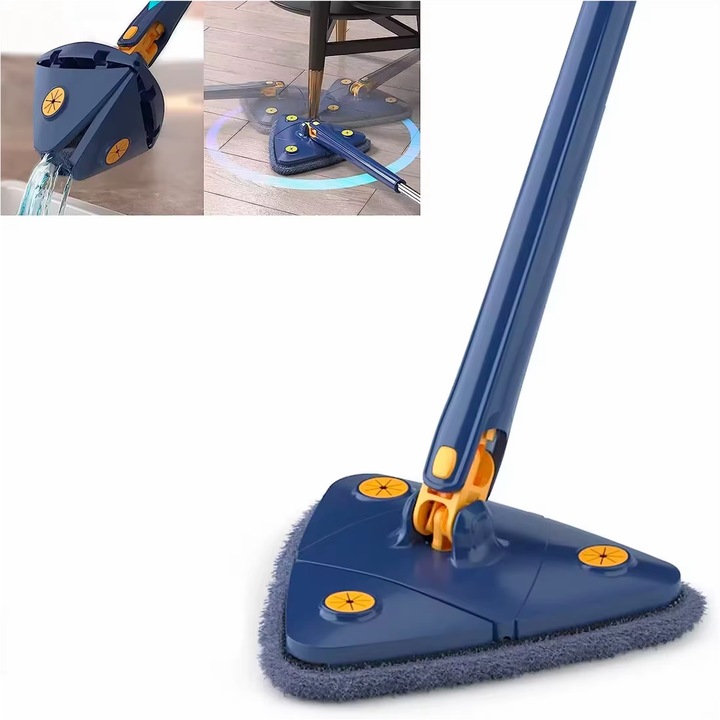 Mop triangular ajustabila 360 grade, mop de microfibra cu maner de 1,3 m, culoare albastra, set de curatare pentru feronerie