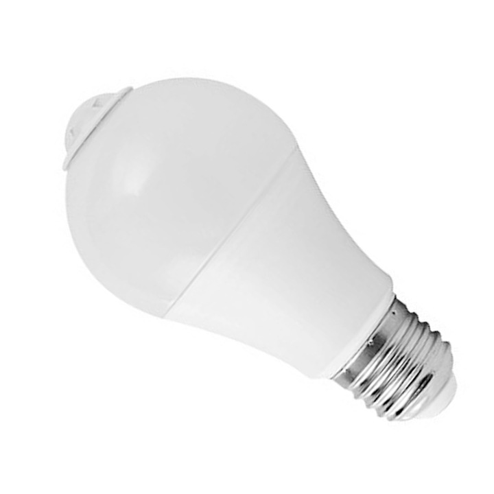Bec LED cu senzor de miscare, E27, 9W, pentru interior, plastic/aluminiu, compact
