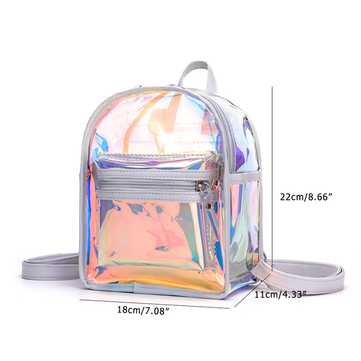 Rucsac transparent holografic, 18x11x22cm, cu bretea detasabila, pentru femei