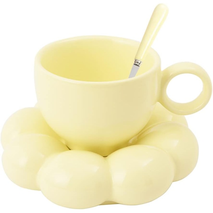 Комплект керамични поставки за салфетки и чаши AMRINUGL, дизайн слънчогледи, ергономична дръжка, жълто