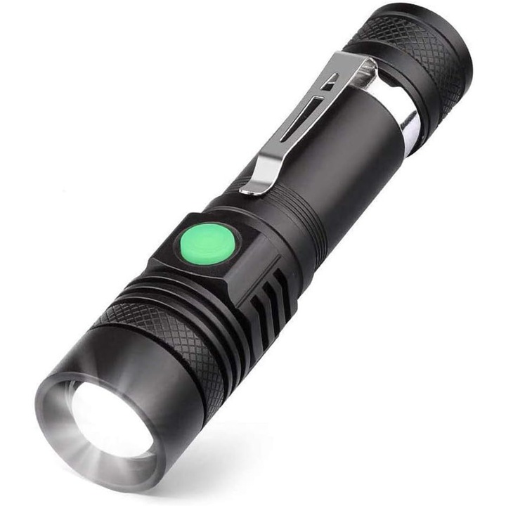 Lanterna LED ZYBLSSBB LSM2XH6841-GX-530, USB reincarcabila, 600 lm, acumulator 18650 inclus, 4 moduri (high/low/strobe/SOS), zoom reglabil, clema metalica, IPX4, negru/verde