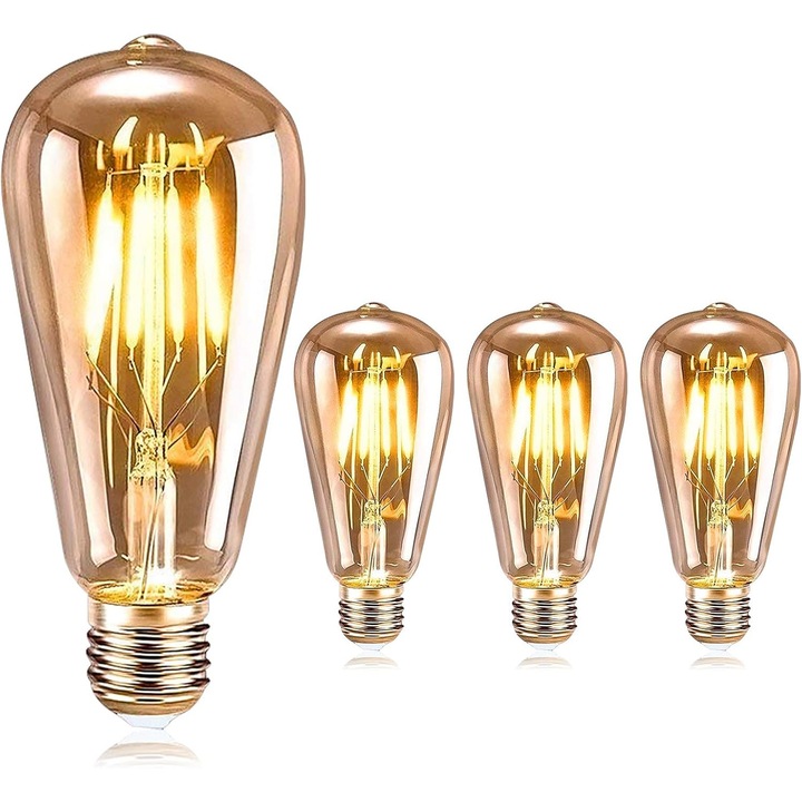 Becuri decorative vintage Edison, sticla chihlimbar, filament expus, dimabil, lumina calda, set de 25.000 de ore