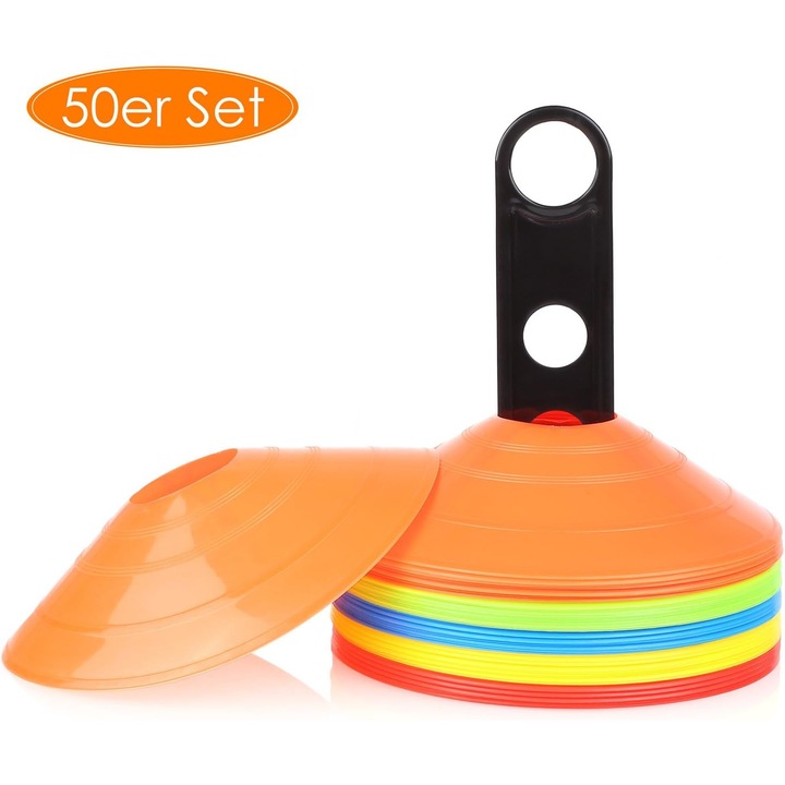 Професионални дискови конуси, преносимост и съхранение Идеални за футболни тренировки, баскетбол, комплект от 50 ярки цвята, лесни за забелязване, PE пластмаса с добра твърдост, одобрени от треньори за мултиспортни дейности