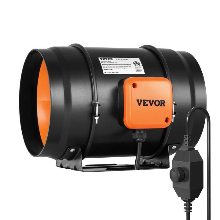 Csőventilátor 8 hüvelykes, 750 CFM, sebességszabályzós, csendes, fekete
