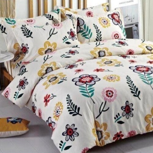 Lenjerie bumbac finet, 2 persoane, 6 piese, crem cu flori, Katia119