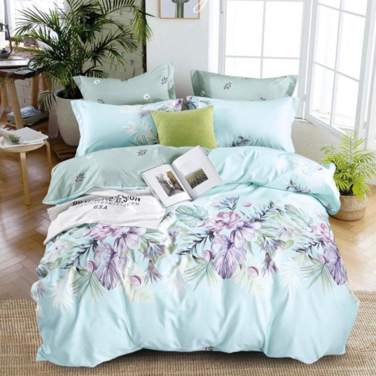 Lenjerie bumbac finet, 2 persoane, 6 piese, albastru cu flori, Katia118