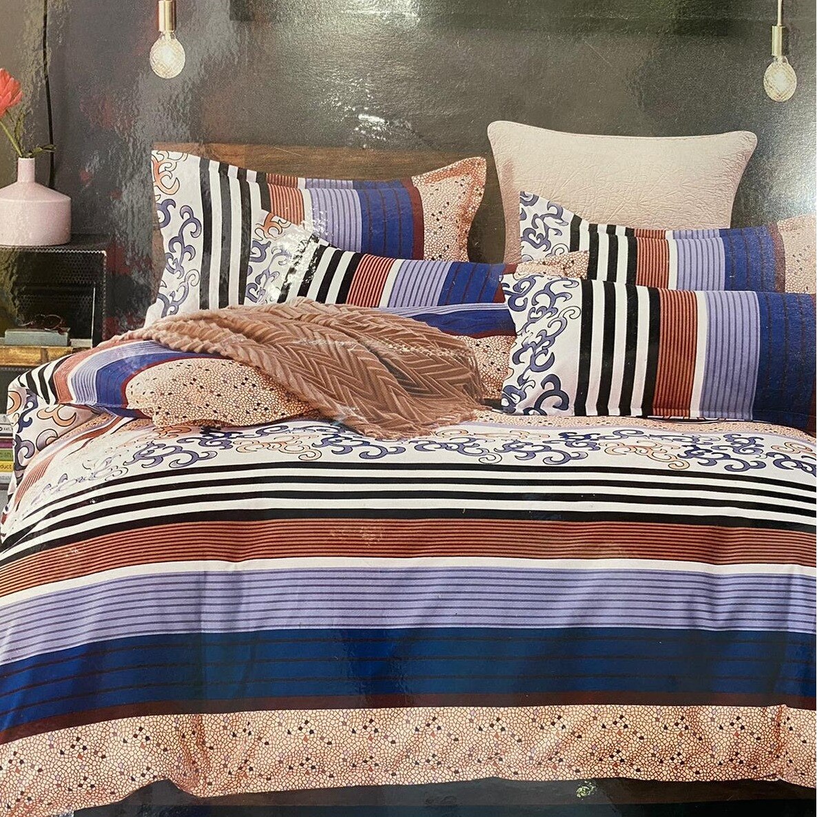 Lenjerie de pat cu doua fete bumbac de lux, 2 persoane, 6,piese, albastru Katia115