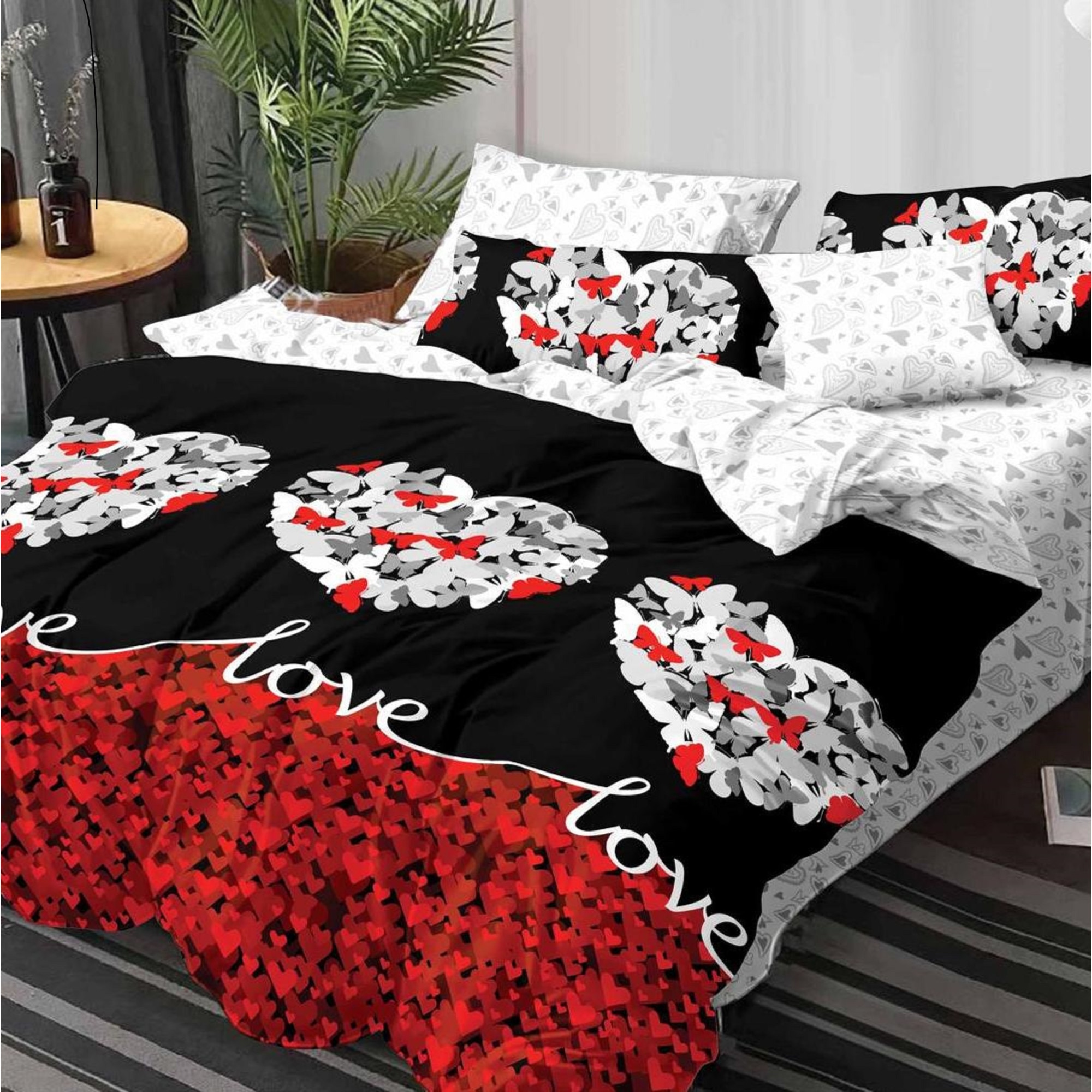 Lenjerie bumbac gros finet 2 persoane, 6 piese, color inimi JN182