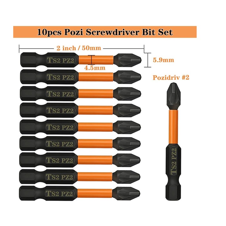 Комплект от 10 магнитни бита за отвертка PZ2, Yakumuz, 50 мм, 1/4 инча, стомана S2