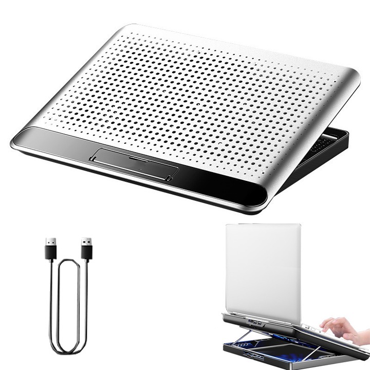 Cooler Laptop Fudisenn® Suport cu Ventilator 16cm, Suprafata Metalica Aluminiu, Racire Activa si Pasiva, Ergonomic, Zgomot Redus, Compatibil 17 inch, Argintiu