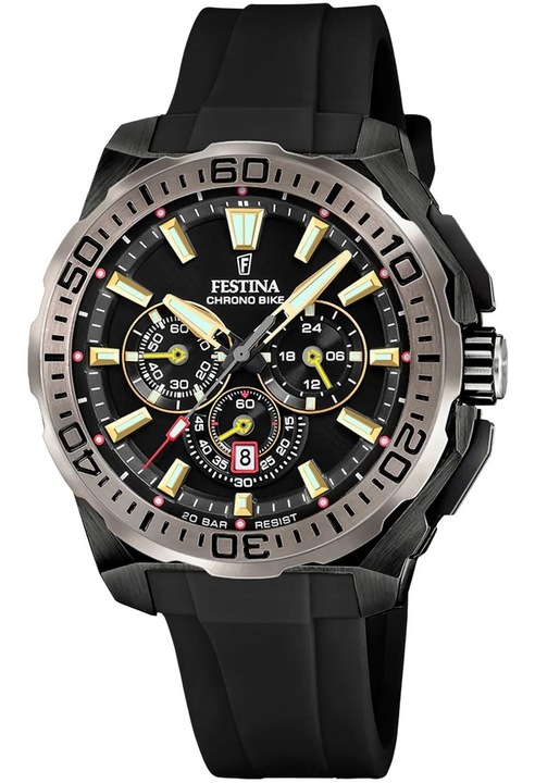 Ceas barbati Festina Chrono Bike F20726-3, negru, curea din cauciuc, rezistent la apa 200m, 46x46mm
