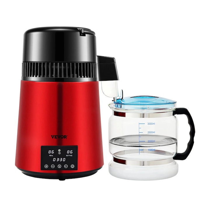 Vízdesztillátor, 1L/h, 750W, üvegkancsó, piros, kompakt