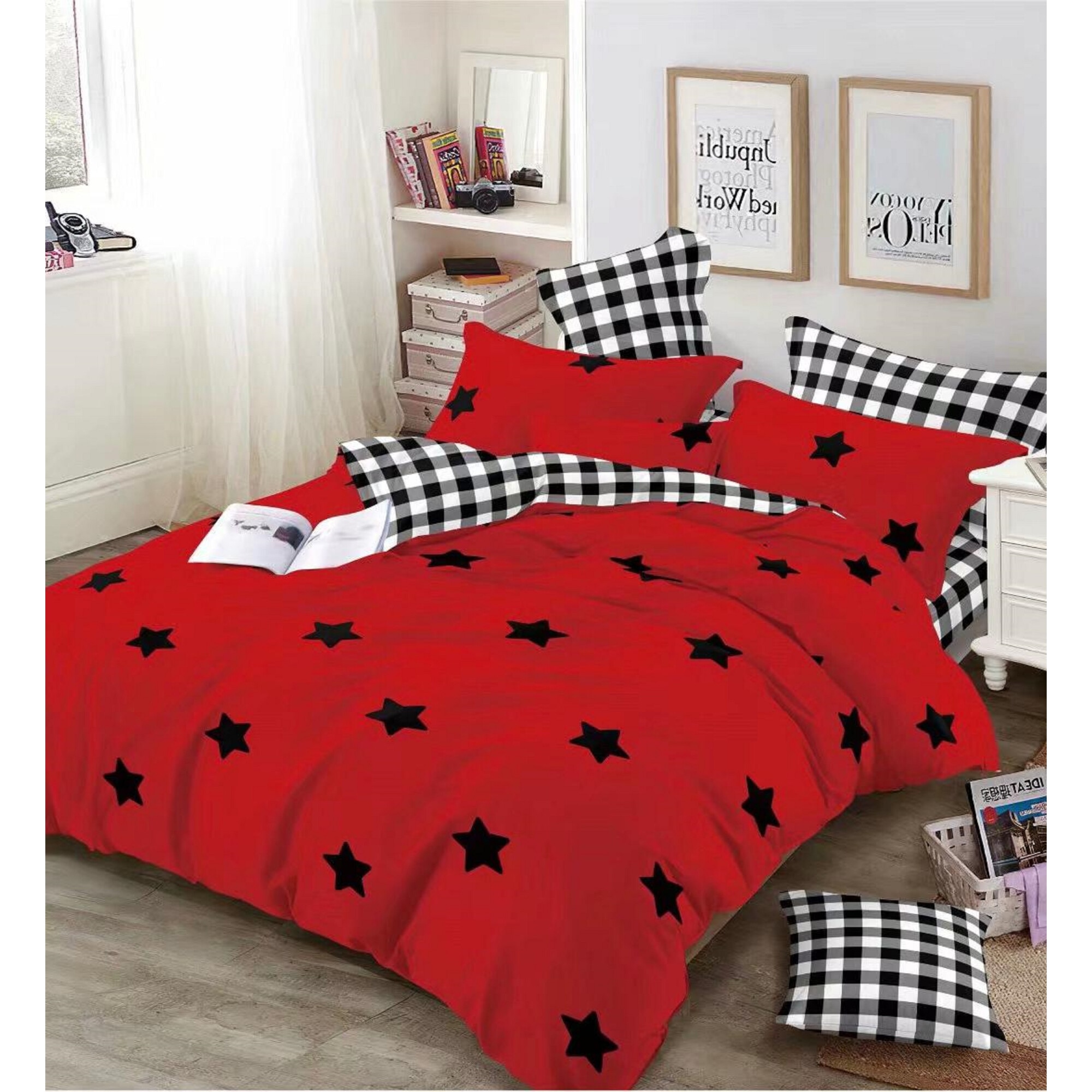 Lenjerie bumbac satinat Bica, 2 persoane, 4 piese, rosu, JN002