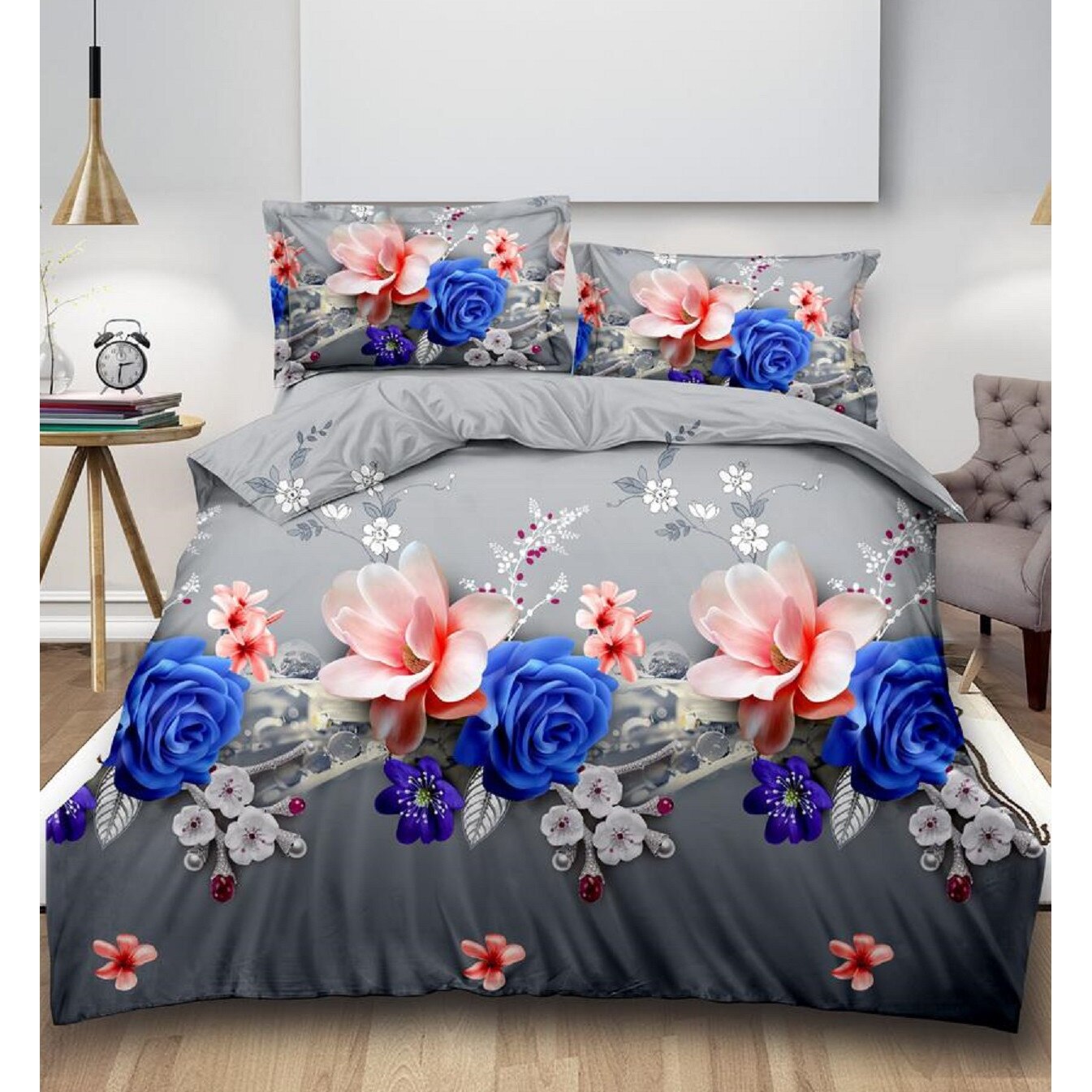 Lenjerie bumbac satinat 3D 2 persoane, 4 piese, gri, JN054