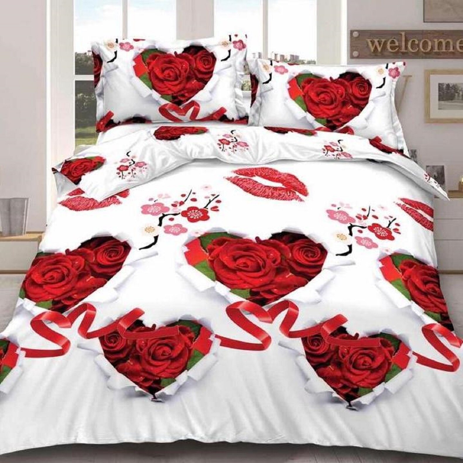 Lenjerie bumbac satinat 3D, 2 persoane, 4 piese, roz JN113