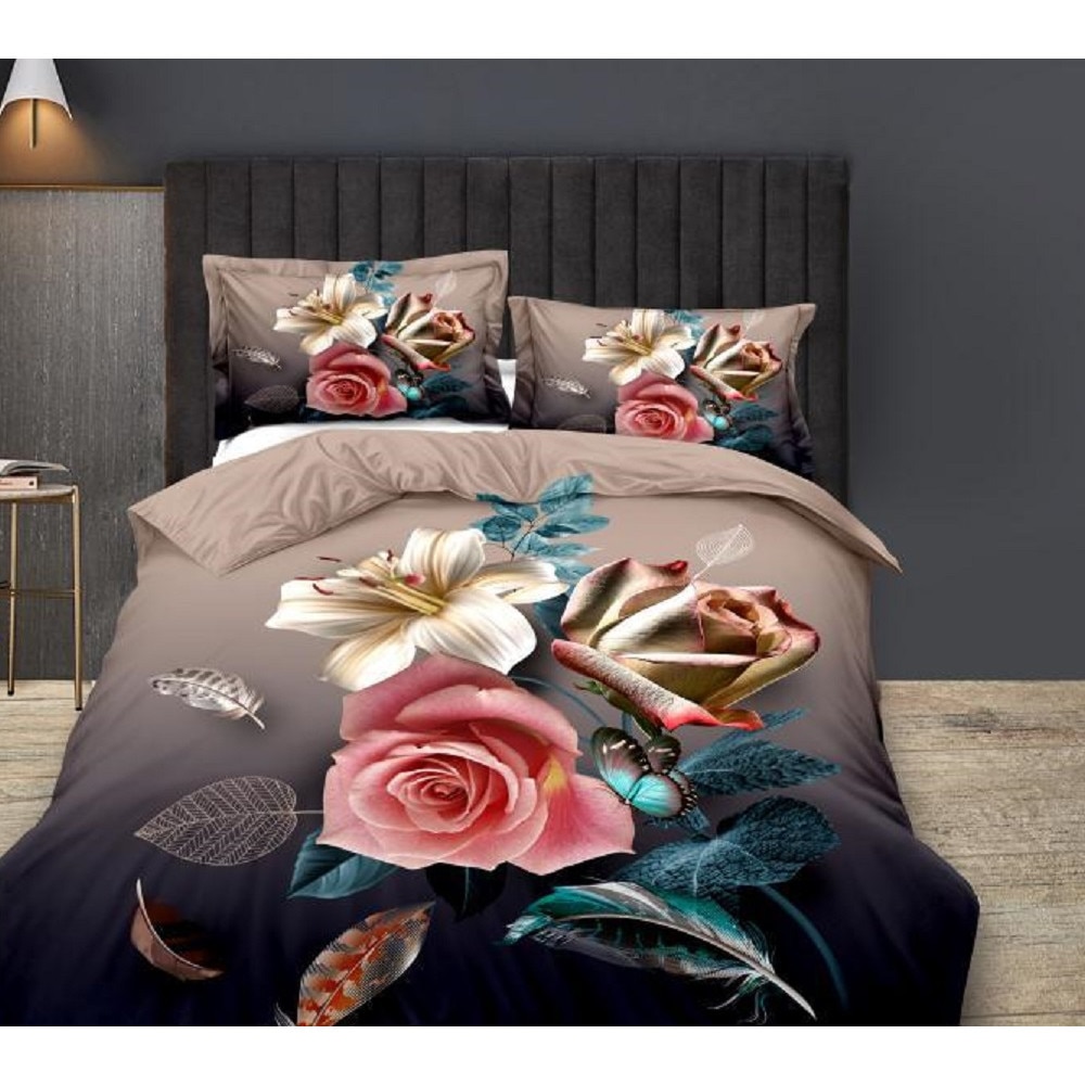 Lenjerie bumbac satinat 3D 2 persoane, 4 piese, maro, JN053