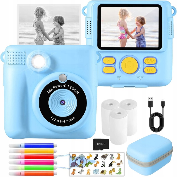 Детска камера, с функция за незабавен печат, 1080P HD цифрова камера с видеозапис, термопринтер, включва 32GB SD карта, 3 ролки фотохартия и 6 цветни молива, за момчета, син