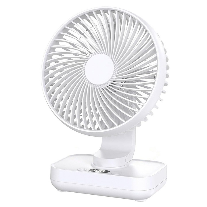 Ventilator De masa Mini de Birou USB Silent cu Baterie 4000mAh, 4 Viteze, Oscilatie Automata, Display LED, Alb - pentru Casa, Birou, Calatorii si Picnic