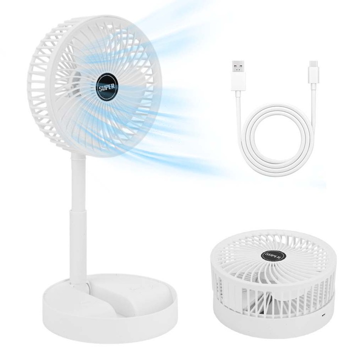 Вентилатор, бял, телескопичен 30 см - 36 см, 3 скорости, 10 W, 1000 mAh, регулируем на 180°, USB зареждане, преносим за офис, спалня, риболов, къмпинг