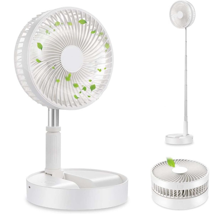 Hordozható összecsukható ventilátor, fehér, 4 állítható sebesség, 7200mAh, állítható magasság 36cm-100cm, USB töltés - utazáshoz, nyárhoz, otthonra, irodába, konyhába, kempingezéshez