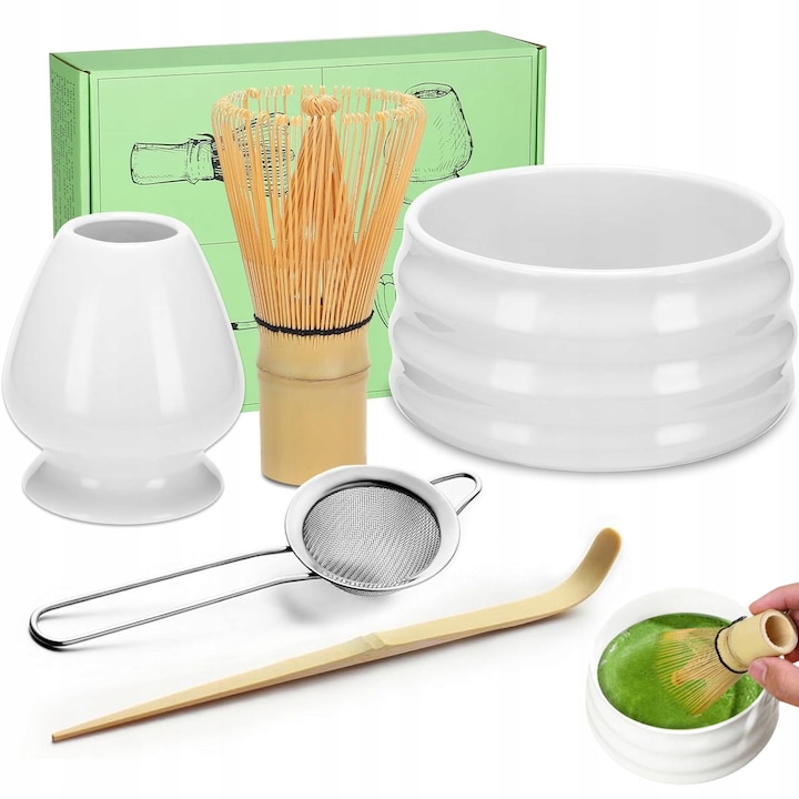 Set 5 Piese de ceai Matcha - Bat Bambus pentru Mixat, Bol Ceramic, Suport Ceramic, Lingurita, Sita Inox - Kit Complet pentru Ceai Matcha