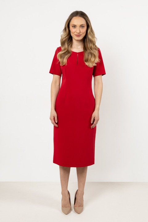 Rochie midi awama A706, rosie, croiala mulata, decolteu tip barca, material poliester-elastan, S INTL