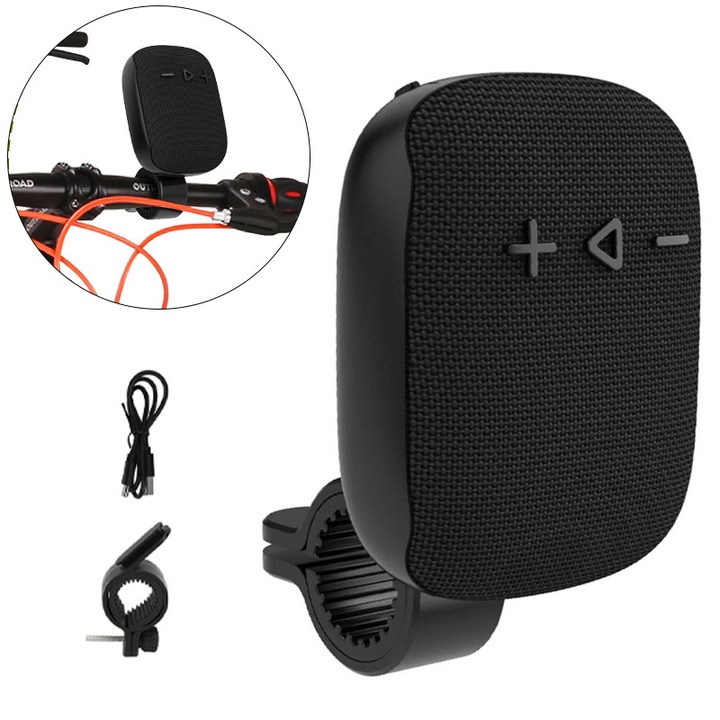 Boxa Bluetooth cu carcasa portabila si suport fix, 500mAh, IPX5, raza 10m, autonomie 3h, dimensiuni 50x100x72mm, Potrivit pentru ciclism, drumetii si utilizare in baie, neagra