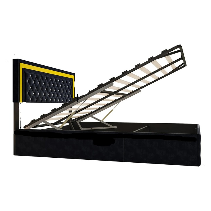 Tárolós ágy, dupla, LED szalag, bársony, fekete