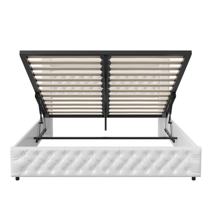 Dupla ágyrács, 140x200cm, PU bőr, LED világítás, tároló, fehér