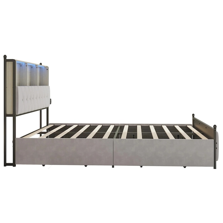 Franciaágy-keret, 160x200cm, LED világítás, 4 fiók, bézs 160