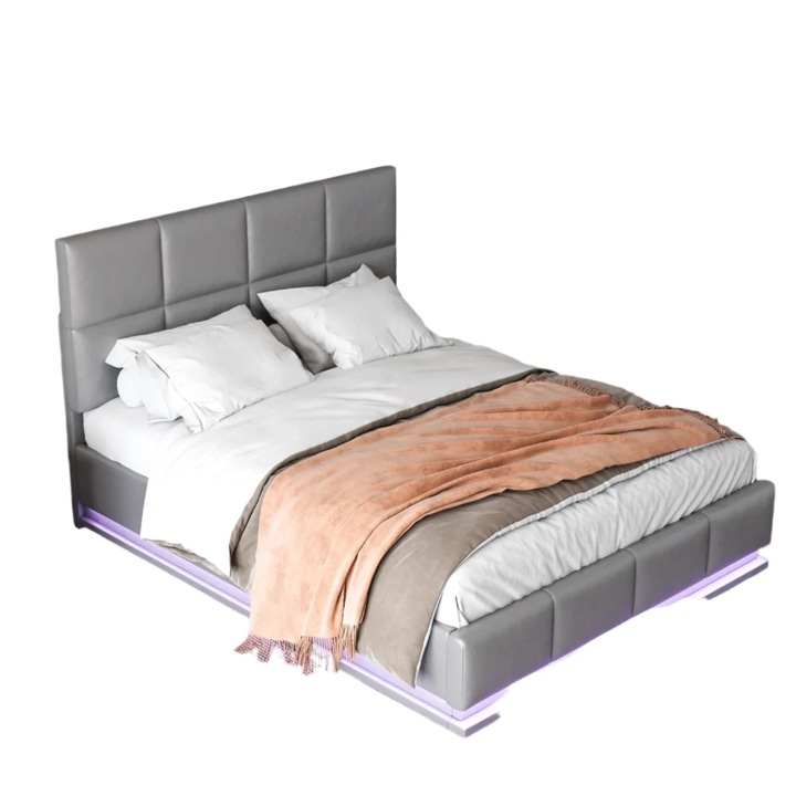 140x200 cm Kárpitozott ágy LED világítással, Hidraulikus tárolórekesz, Franciaágy-keret, Rácsos ágyrács, SÖTÉTSZÜRKE