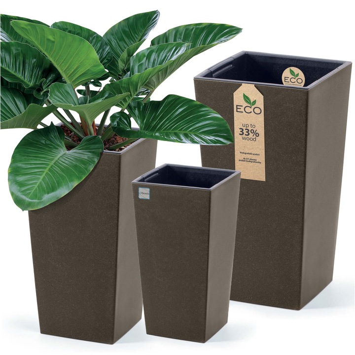 Set 3 Ghivece de flori, Edanti, 19.5/24/29.5 Cm, Plastic, Urbi Square Eco Wood, Cafea