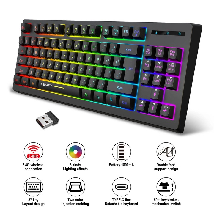 Tastatura wireless YANYXR 87 taste iluminare RGB negru 37.2x15.1x3.7cm