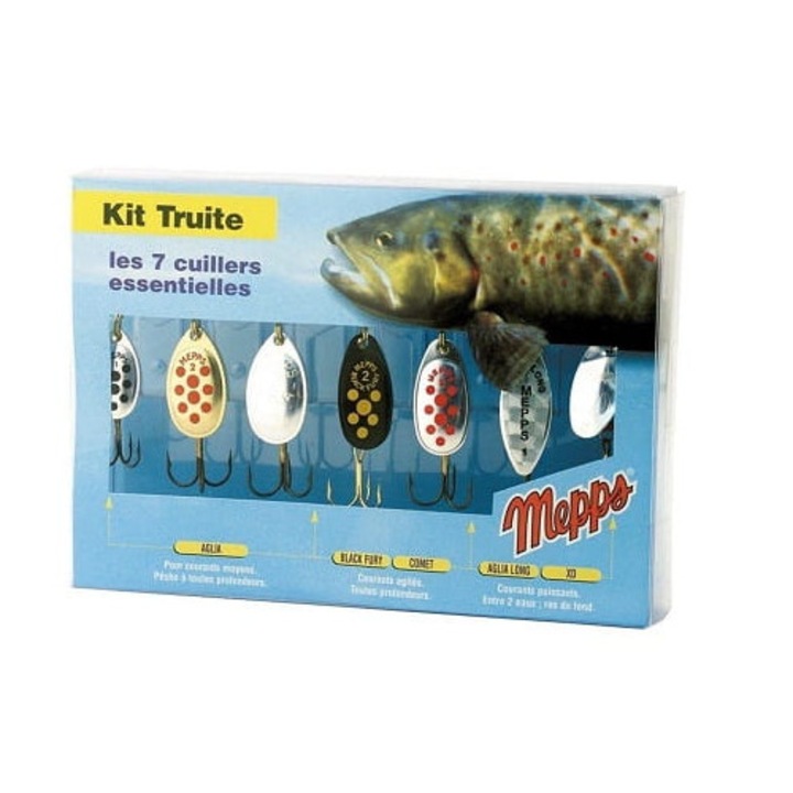 Set momeli artificiale Mepps TROC 7 bucati, pentru troci si pastragi, multicolor