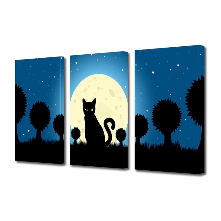 Set Tablouri Multicanvas 3 Piese Halloween Desen pisica neagra cu ochi verzi, 100 x 210 cm