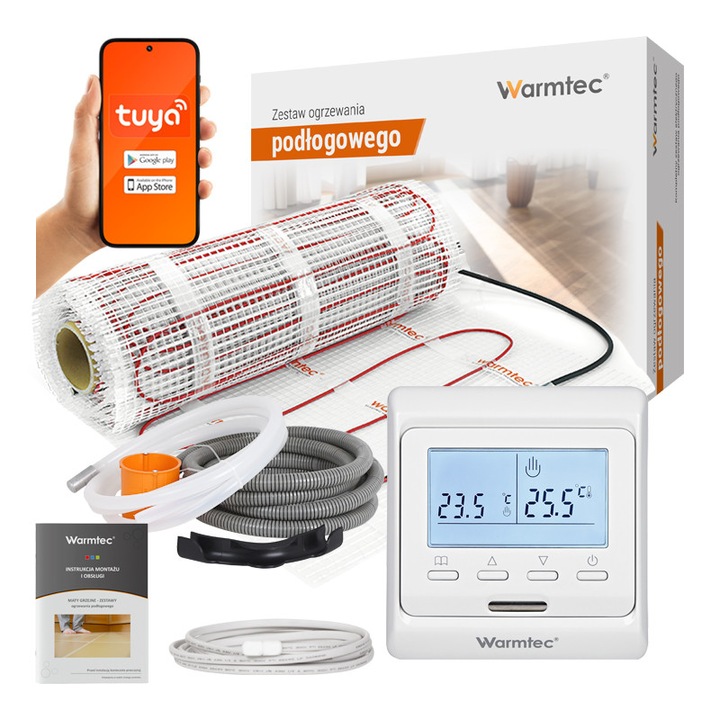 Set Covor Termic Cu Regulator De Temperatura Si Accesorii De montaj, Warmtec, DS2-40/T510, 0.48x8 m, Putere Unitate 170 W/m², Suprafata De Incalzire 4 m², Grosime Covor 3 mm, Tensiune Alimentare 230 V, Alb