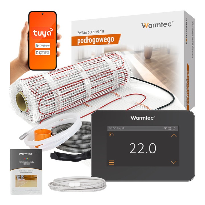 Pachet covor incalzire in pardoseala, Warmtec, Exclusive+ ds2-80/xts-cz, 8 m², 170 w/m², Tensiune 230 v, Compatibil cu placi ceramice, Cu protectie suplimentara careplus, Negru