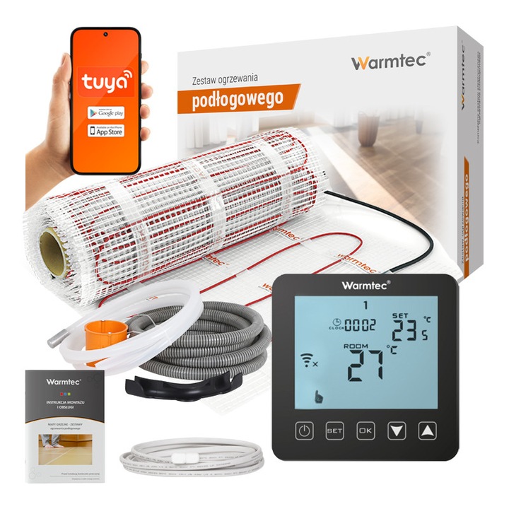 Pachet covor incalzire in pardoseala, Warmtec, Ds2-80/prt01, 8 m², 1360 w, Tensiune 230 v, Putere termica 170 w/m², Compatibil cu placi ceramice, Negru