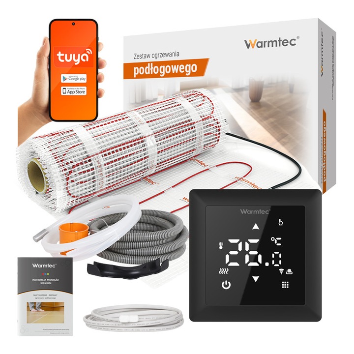 Pachet covor incalzire in pardoseala, Warmtec, Ds2-70/wrt31w, 7 m², Putere totala 1190 w, Tensiune 230 v, Lungime 14 m, Latime 8, 6 cm, Compatibil cu placi ceramice, Incalzire cu agent termic, Temperatura maxima 35°c