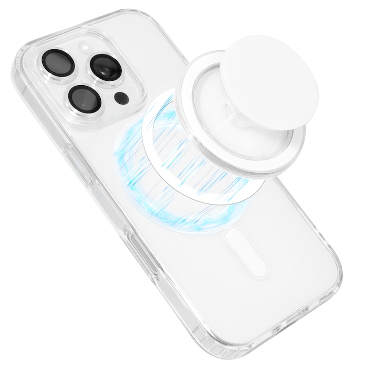 Set 2 piese: Husa transparenta MagSafe + PopSockets magnetic alb pentru iPhone 16 Pro - TPU Magnetic Case, Design subtire, Compatibil cu incarcare wireless, Transparent-alb